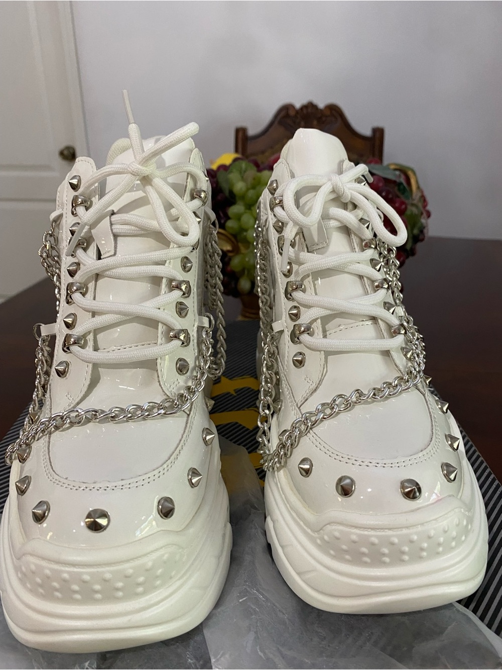White Studded Wedge Sneakers with Silver Chains